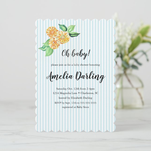 Invitación Baby Shower Preppy Yellow Flower Stripe (Anverso de pie)