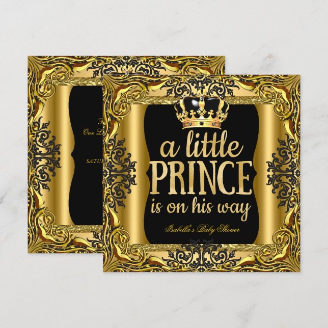 Invitación Baby Shower Prince en camino a Gold Black (Anverso / Reverso)