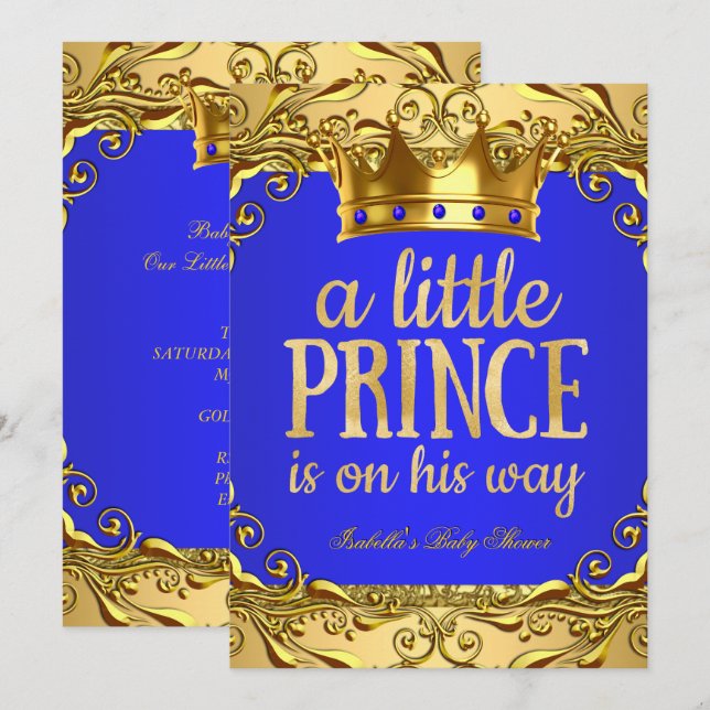 Invitación Baby Shower Prince en camino a Gold Royal Blue (Anverso / Reverso)