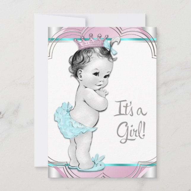 Invitación Baby Shower Princesa azul rosa y Verde azulada (Anverso)