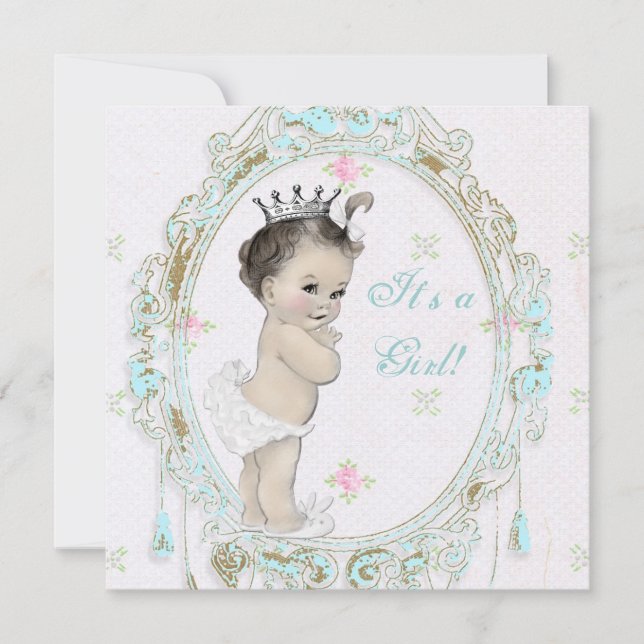 Invitación Baby Shower Princesa Azul Turquesa Shab Chic (Anverso)