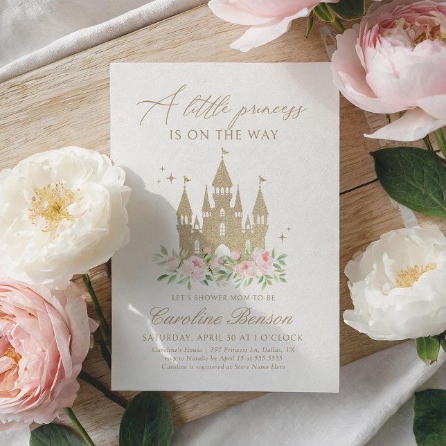 Invitación Baby Shower Princesa floral rosa y dorada (Subido por el creador)