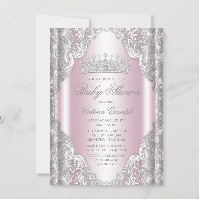 Invitación Baby Shower Princesa Princesa de Gris Rosa Plata (Anverso)