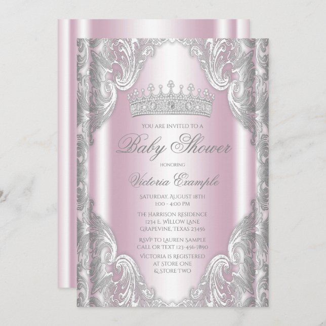 Invitación Baby Shower Princesa Princesa de Gris Rosa Plata (Anverso / Reverso)