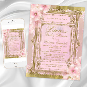 Invitación Baby Shower Princesa rosa y Relieve metalizado dor