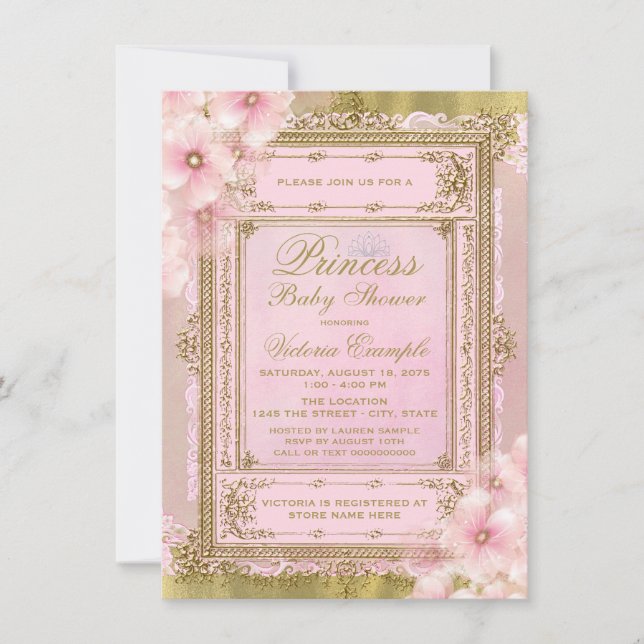Invitación Baby Shower Princesa rosa y Relieve metalizado dor (Anverso)