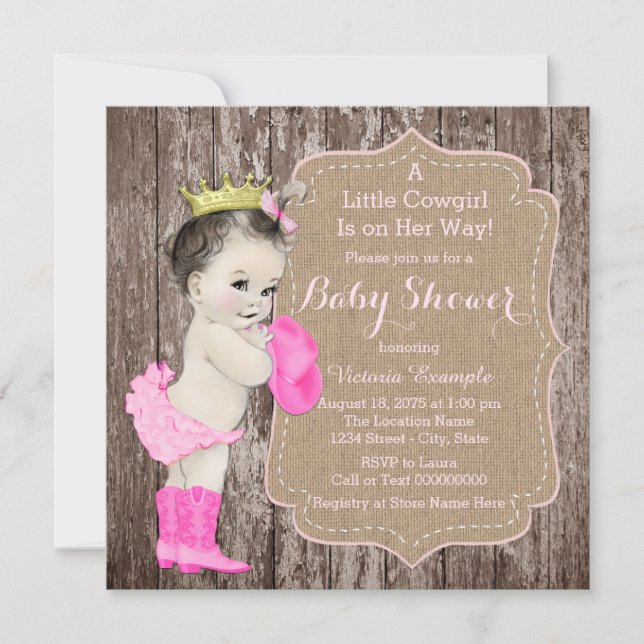 Invitación Baby Shower Princesa Vaquera Rústica (Anverso)