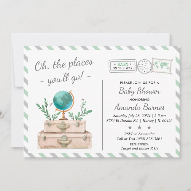 Invitación Baby Shower, punto de aventura de viaje neutro en  (Anverso)