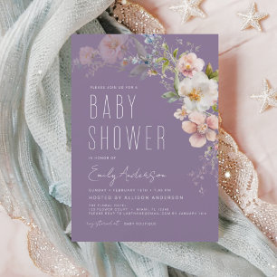 Invitación Baby Shower Purple Boho Wildflower Elegante