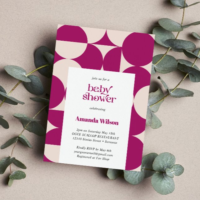 Invitación Baby Shower Purple Circle Scallop Mid Century (Purple Gender Neutral Mid Century Modern baby shower invitation. Retro Vintage)