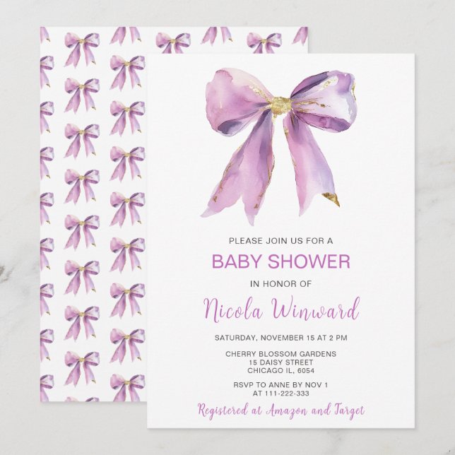Invitación Baby Shower Purple Coquette Bow (Anverso / Reverso)