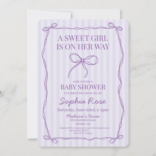 Invitación Baby Shower Purple Coquette Bow Pastel Lavender (Anverso)