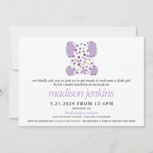 Invitación Baby Shower Purple Elephant (Anverso)