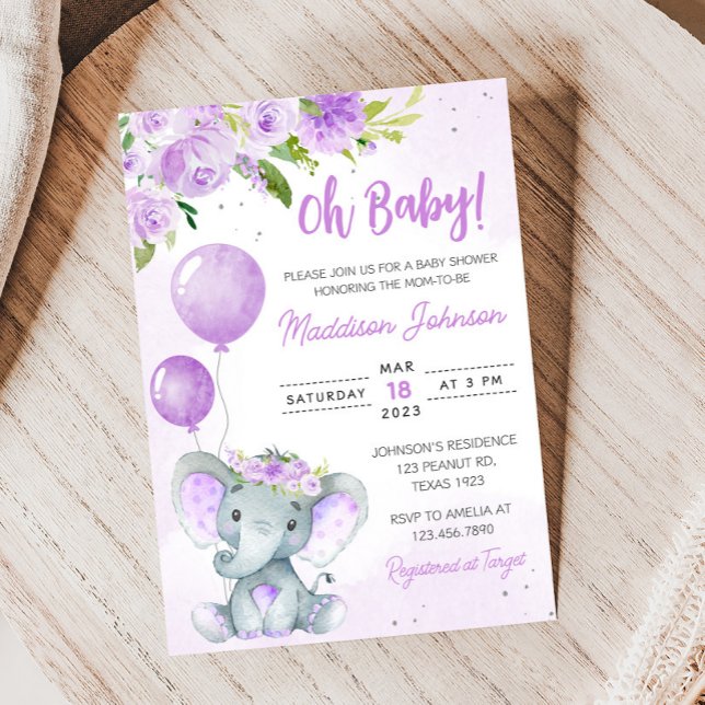 Invitación Baby Shower Purple Floral Elephant (Purple Floral Elephant Balloon Baby Shower Invitation
)