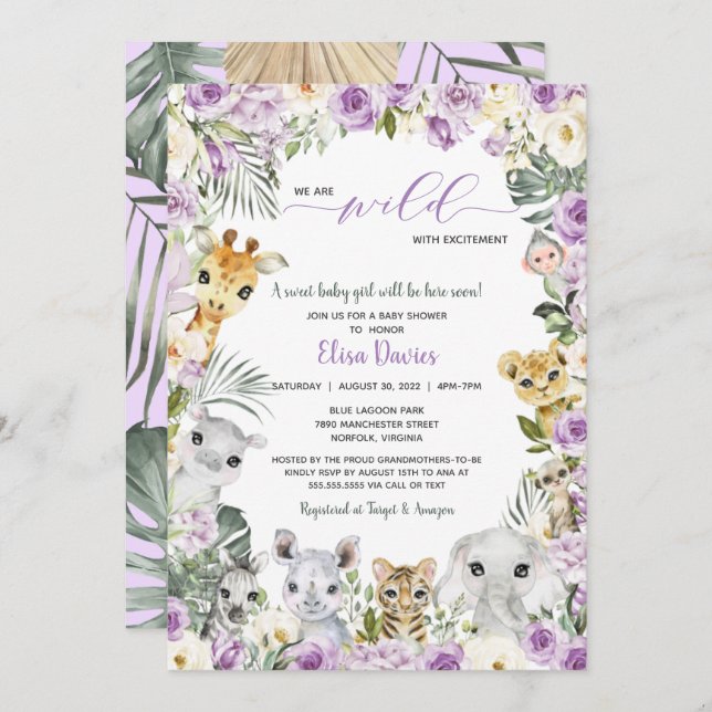 Invitación Baby Shower: Purple Floral Jungle Safari Animals (Anverso / Reverso)