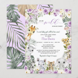 Invitación Baby Shower: Purple Floral Jungle Safari Animals
