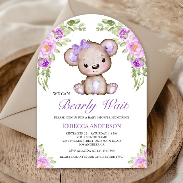 Invitación Baby Shower Purple Floral Teddy Bear Arch (Subido por el creador)