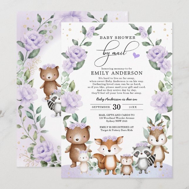 Invitación Baby Shower Purple Floral Woodland Animals (Anverso / Reverso)