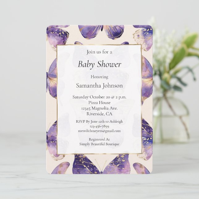 Invitación Baby Shower Purple Gold Cream Butterflies (Anverso de pie)