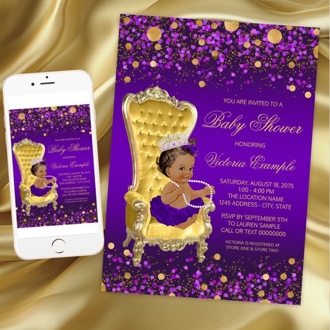 Invitación Baby Shower Purple Gold de la princesa africana no (Purple Gold Princess Baby Shower Invitation. Instant download and printed invitations available.)