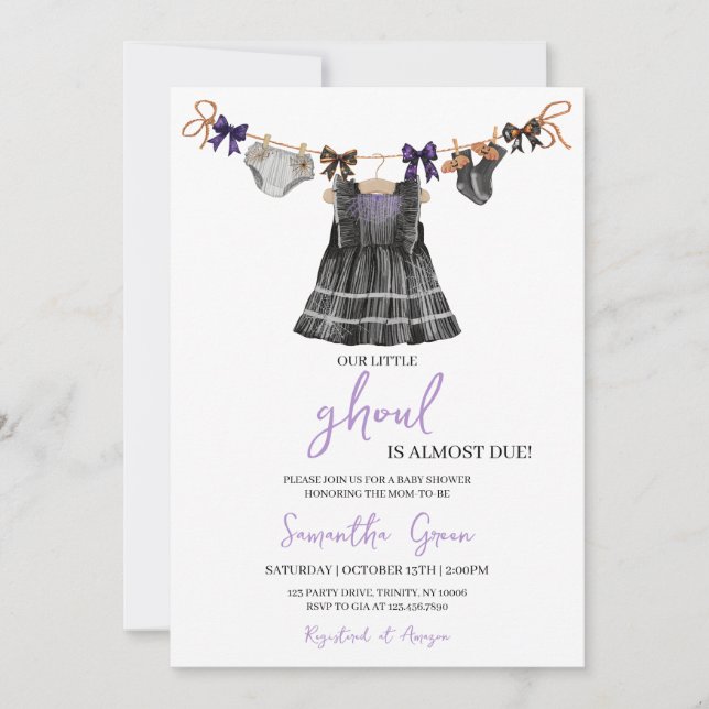 Invitación Baby Shower Purple Halloween Little Ghoul (Anverso)