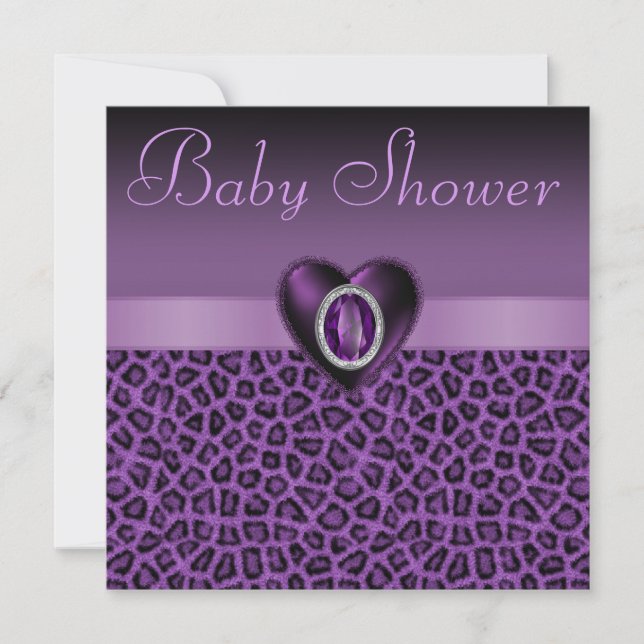 Invitación Baby Shower Purple Leopard Print & Bling Heart (Anverso)