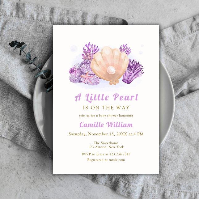 Invitación Baby Shower Purple Little Pearl Ocean Seashell (Purple Little Pearl Ocean Seashell Baby Shower Invitation)