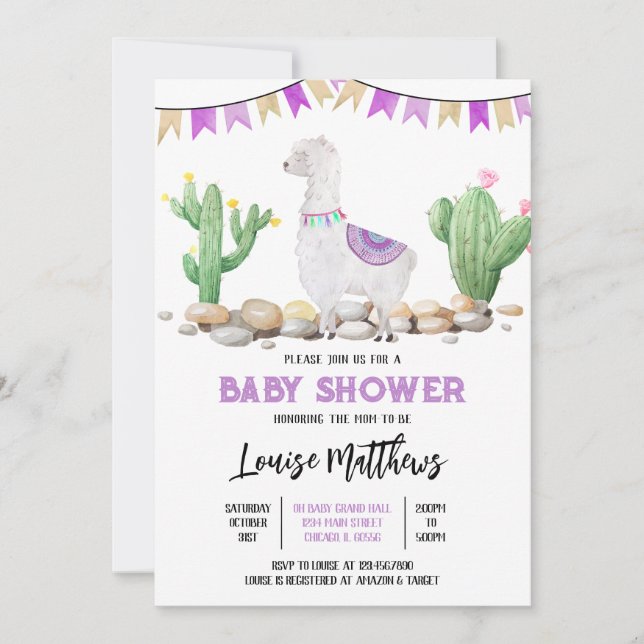 Invitación Baby Shower Purple Llama (Anverso)
