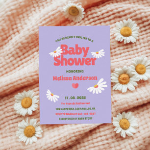 Invitación Baby Shower Purple Retro Whimsical Daisy