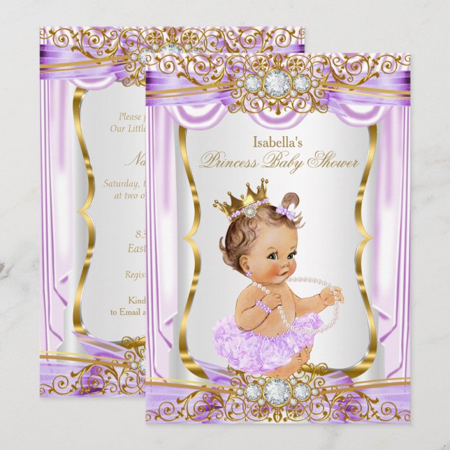 Invitación Baby Shower Purple Silk Gold Brunette 2 (Anverso / Reverso)