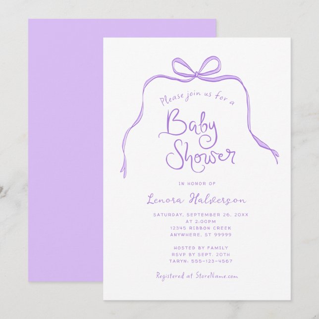Invitación Baby Shower Purple Simple Bow (Anverso / Reverso)