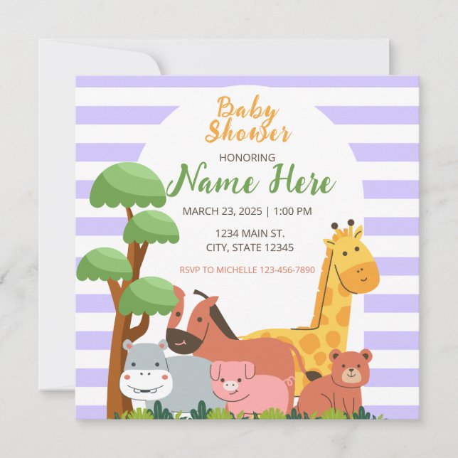 Invitación Baby Shower Purple Stripes Safari Animales (Anverso)