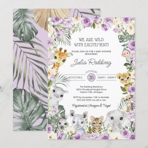 Invitación Baby Shower Purple Wild Jungle Safari Animals