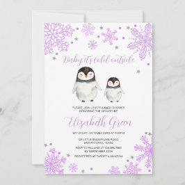 Invitación Baby Shower púrpura de copas de nieve pingüino