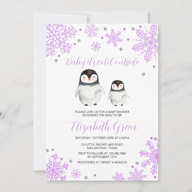Invitación Baby Shower púrpura de copas de nieve pingüino (Anverso)