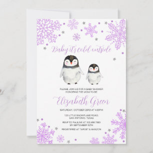 Invitación Baby Shower púrpura de copas de nieve pingüino