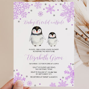 Invitación Baby Shower púrpura de copas de nieve pingüino