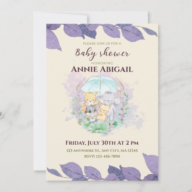 Invitación Baby Shower púrpura neutral de género (Anverso)