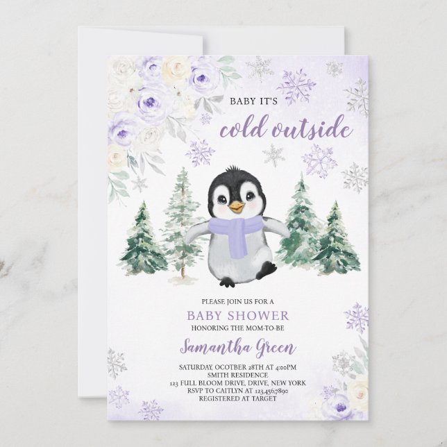 Invitación Baby Shower púrpura pingüino de invierno (Anverso)