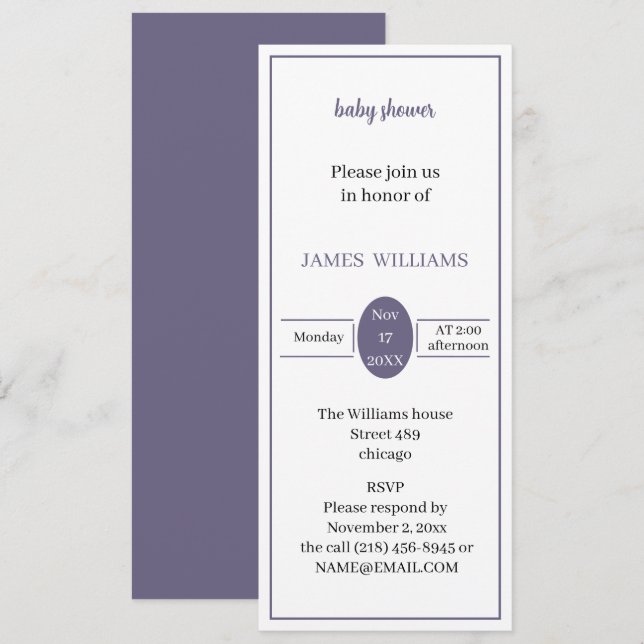 Invitación Baby Shower púrpura simple personalizado (Anverso / Reverso)