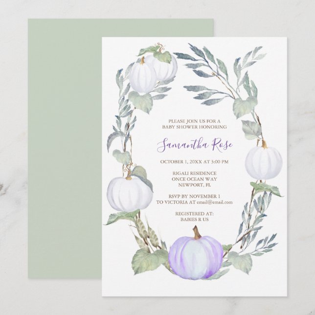 Invitación Baby Shower Púrpura y BLANCA DE Vegetación (Anverso / Reverso)