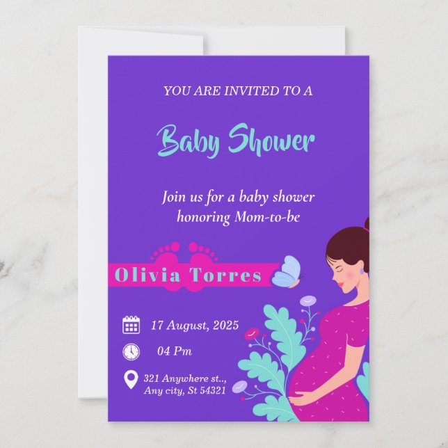 Invitación Baby Shower púrpura y rosa oscuro (Anverso)