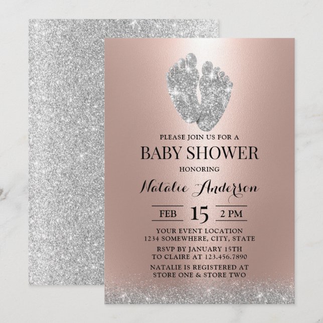 Invitación Baby Shower Purpurina Baby Feet Rosa moderno oro (Anverso / Reverso)