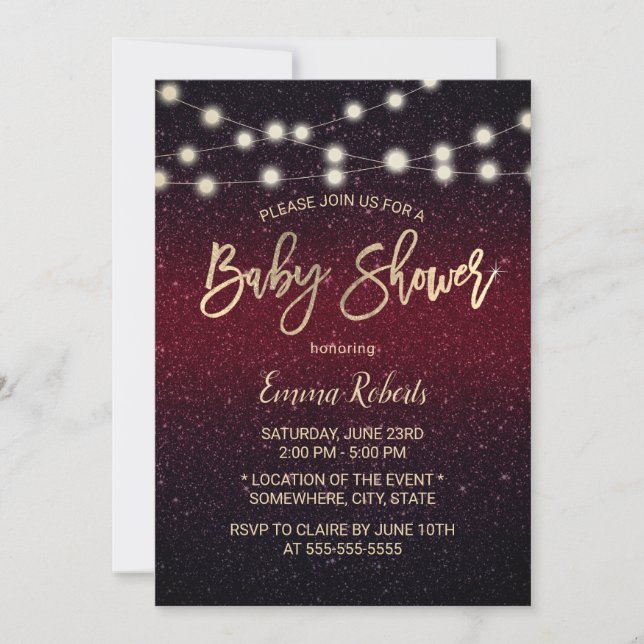 Invitación Baby Shower Purpurina de Burgundy Red Faux moderno (Anverso)