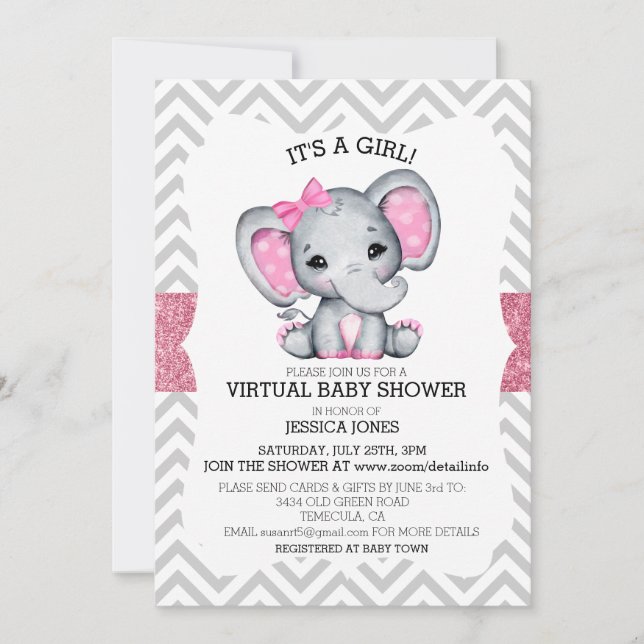 Invitación Baby Shower Purpurina de elefante rosa virtual (Anverso)