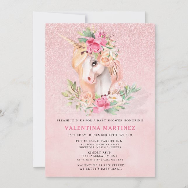 Invitación Baby Shower, Purpurina de flores rosadas de Unicor (Anverso)
