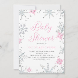Invitación Baby Shower Purpurina de invierno con copos de nie