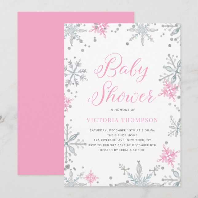 Invitación Baby Shower Purpurina de invierno con copos de nie (Anverso / Reverso)