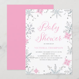 Invitación Baby Shower Purpurina de invierno con copos de nie