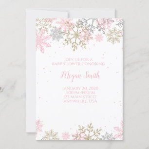 Invitación Baby Shower Purpurina de invierno rosa y dorado co
